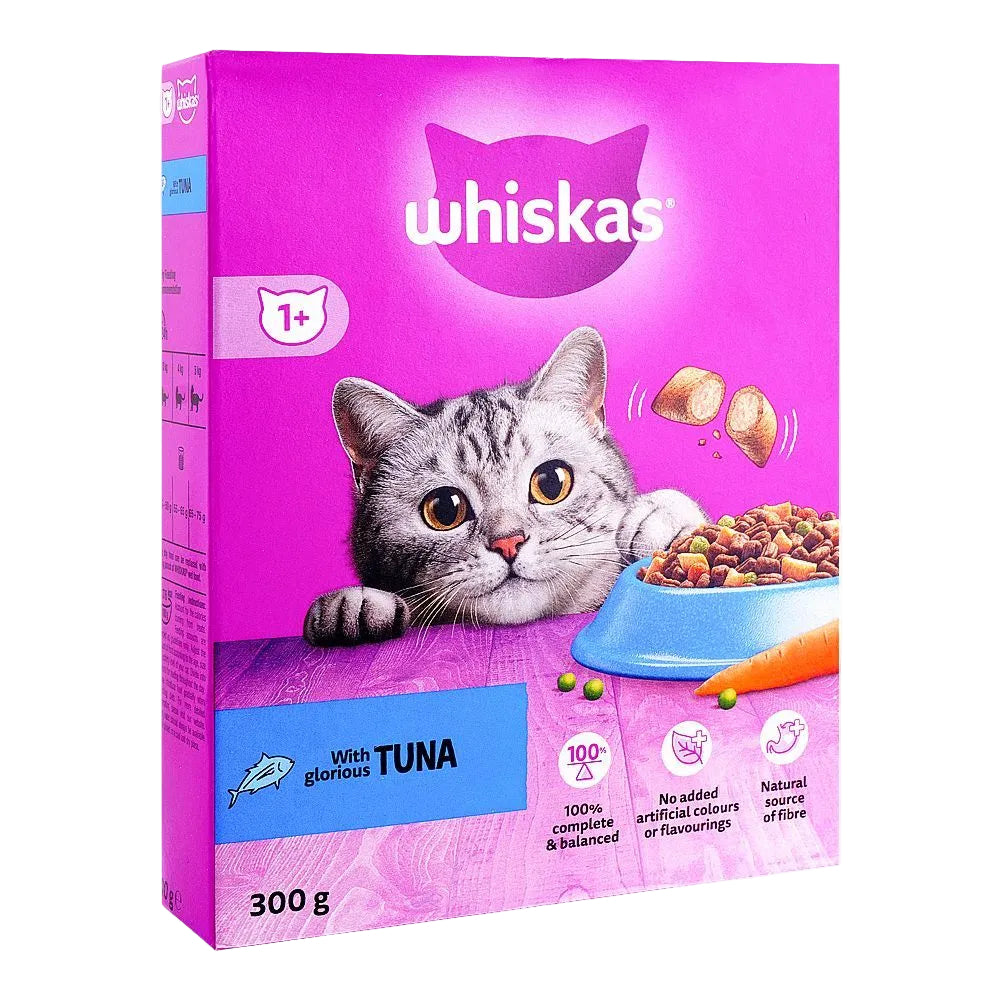 Whiskas cat food packaging with a purple background and a cat on it.