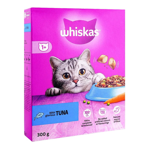 Whiskas cat food packaging with a purple background and a cat on it.